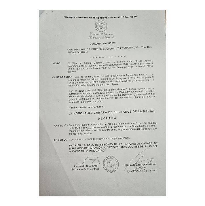 Cámara de Diputados ohechakuaa “Guarani Ñe’ẽ Ára” arandupy ha tekombo’e mombareterãramo.