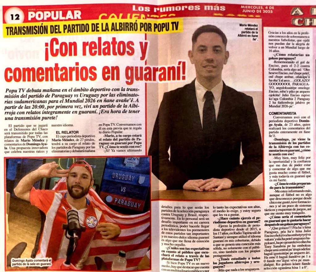 Histórica transmisión deportiva en guaraní: Popu TV llevará el partido de la Albirroja a todo el país en nuestra lengua